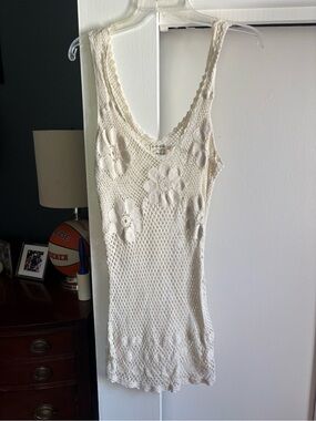 Free People Crochet Cover Up/Tunic with Floral Appliqué in Cream